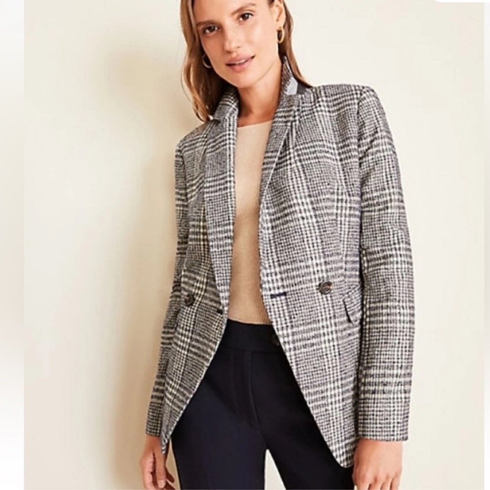 Ann Taylor Classic Plaid double-breasted tweed Women's Blazer, navy multi, 8P